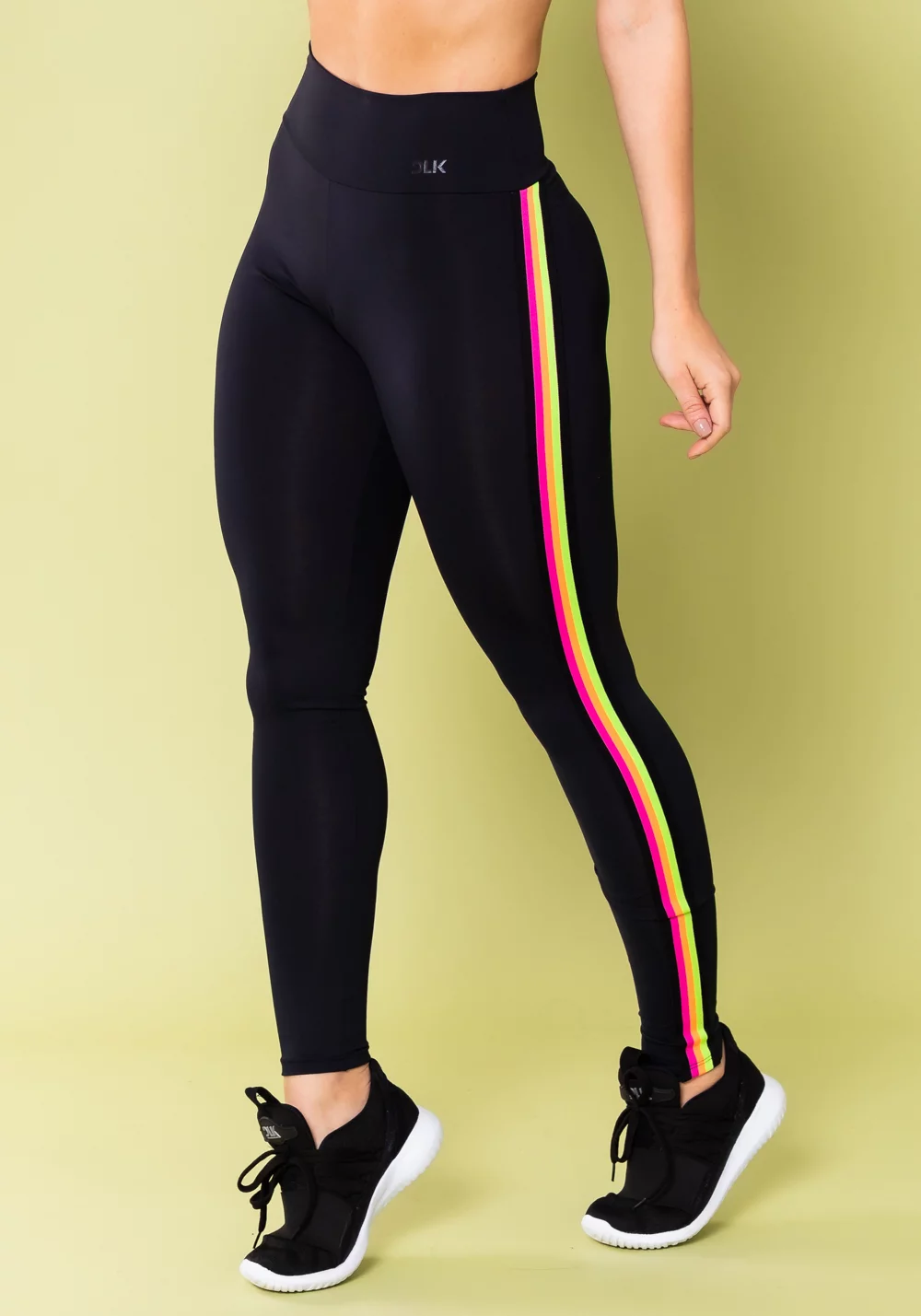 Calça legging energy poliamida preta com elástico colorido