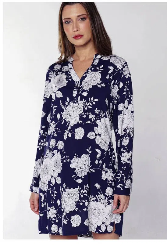 Vestido Estampado Floral em Viscose Under79 Azul Marinho com Mangas