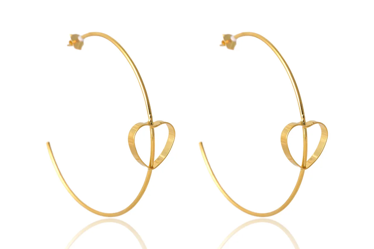 Brinco Argola Grande Fina com Coração Embutido Folheado em Ouro 18k