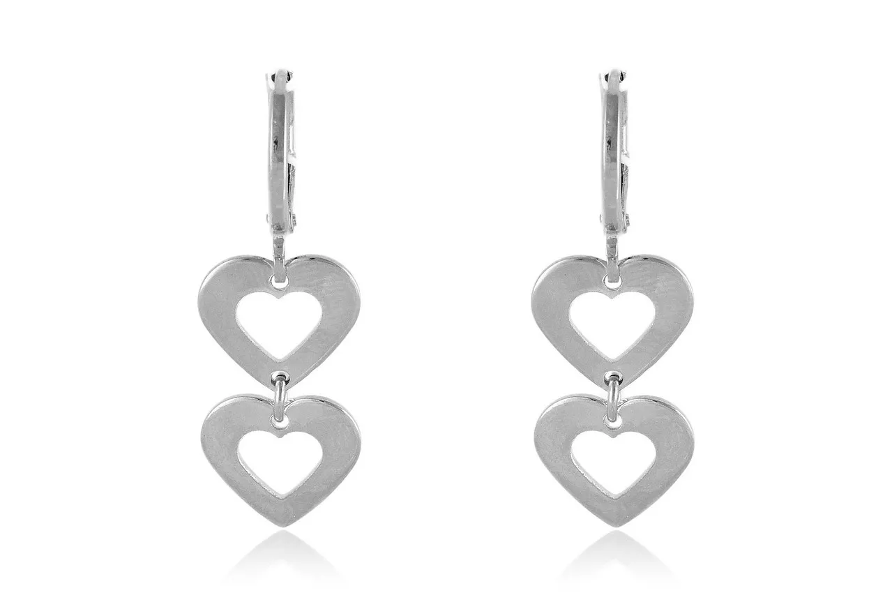 Brinco Argolinha com Dois Corações Vazados Folheado em Ródio Branco