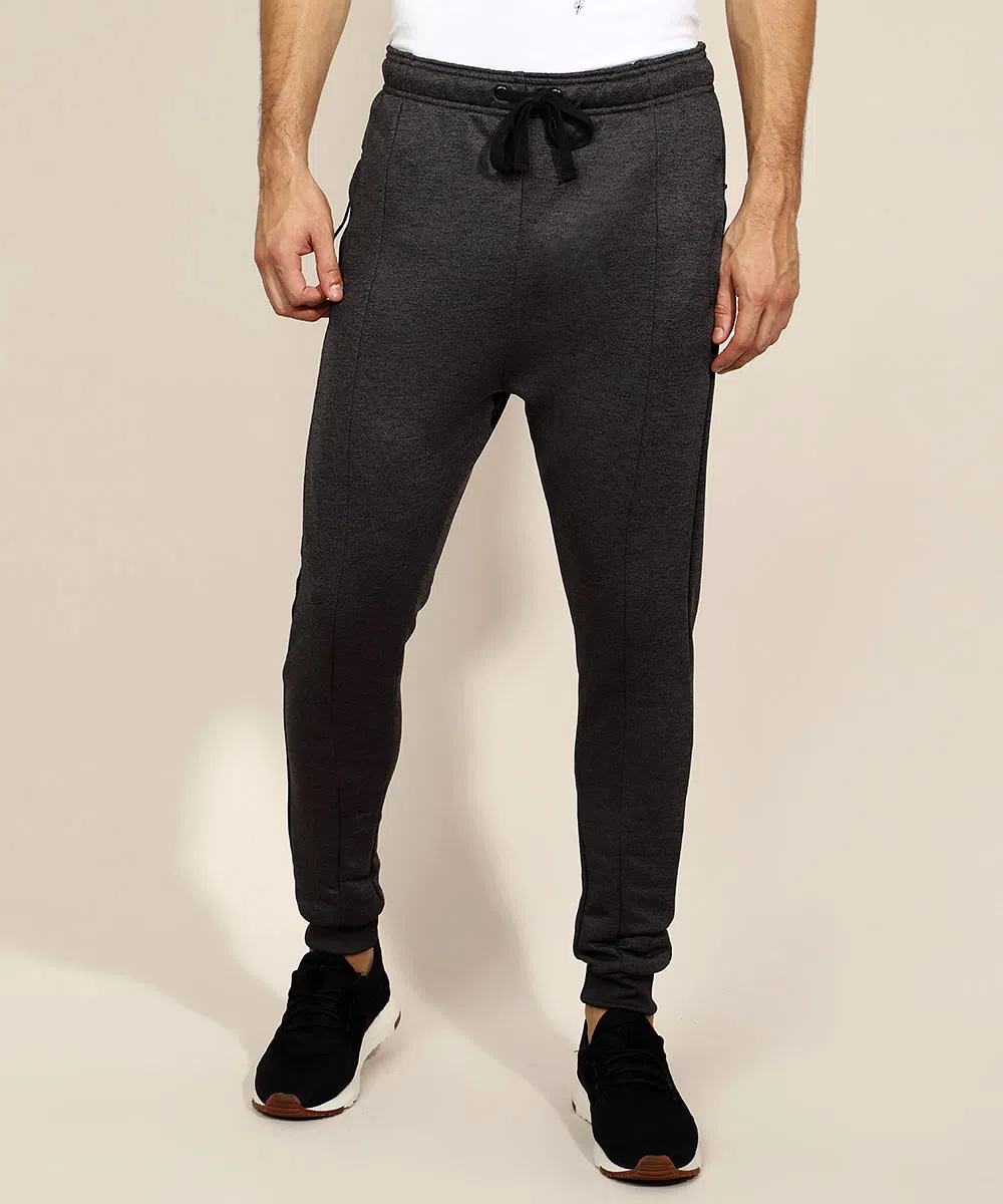 calça de moletom masculina relaxed slim com recortes e bolsos cinza mescla escuro