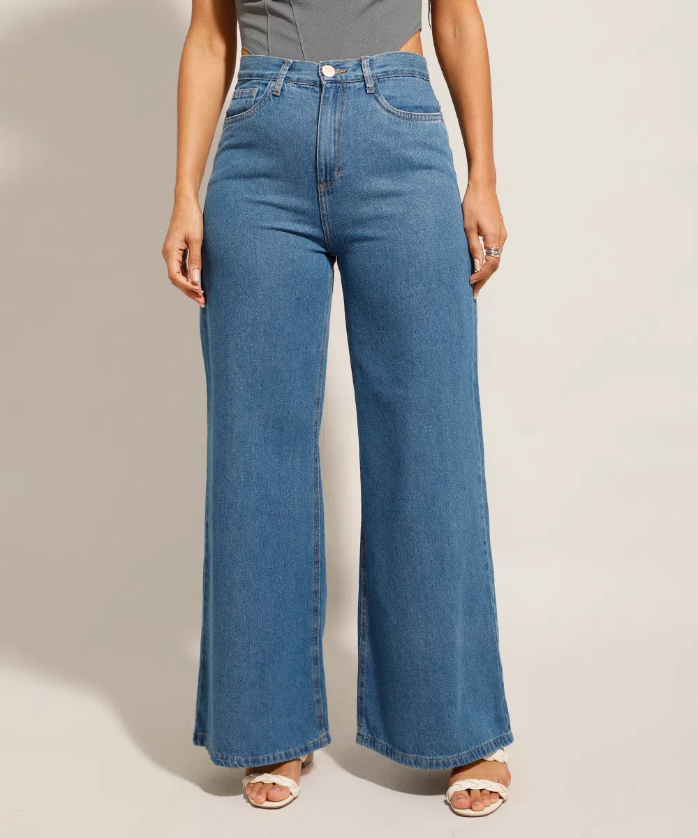 calça wide jeans cintura super alta azul médio