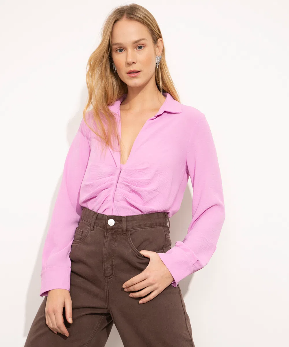 camisa manga longa com franzido mindset pink