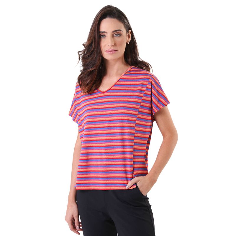 Camiseta Feminina Decote V Ampla Listrada Rainbow