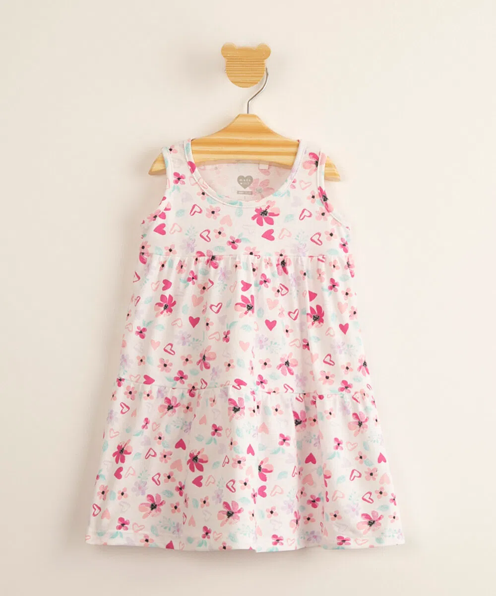 vestido infantil de algodão estampado floral com recortes off white